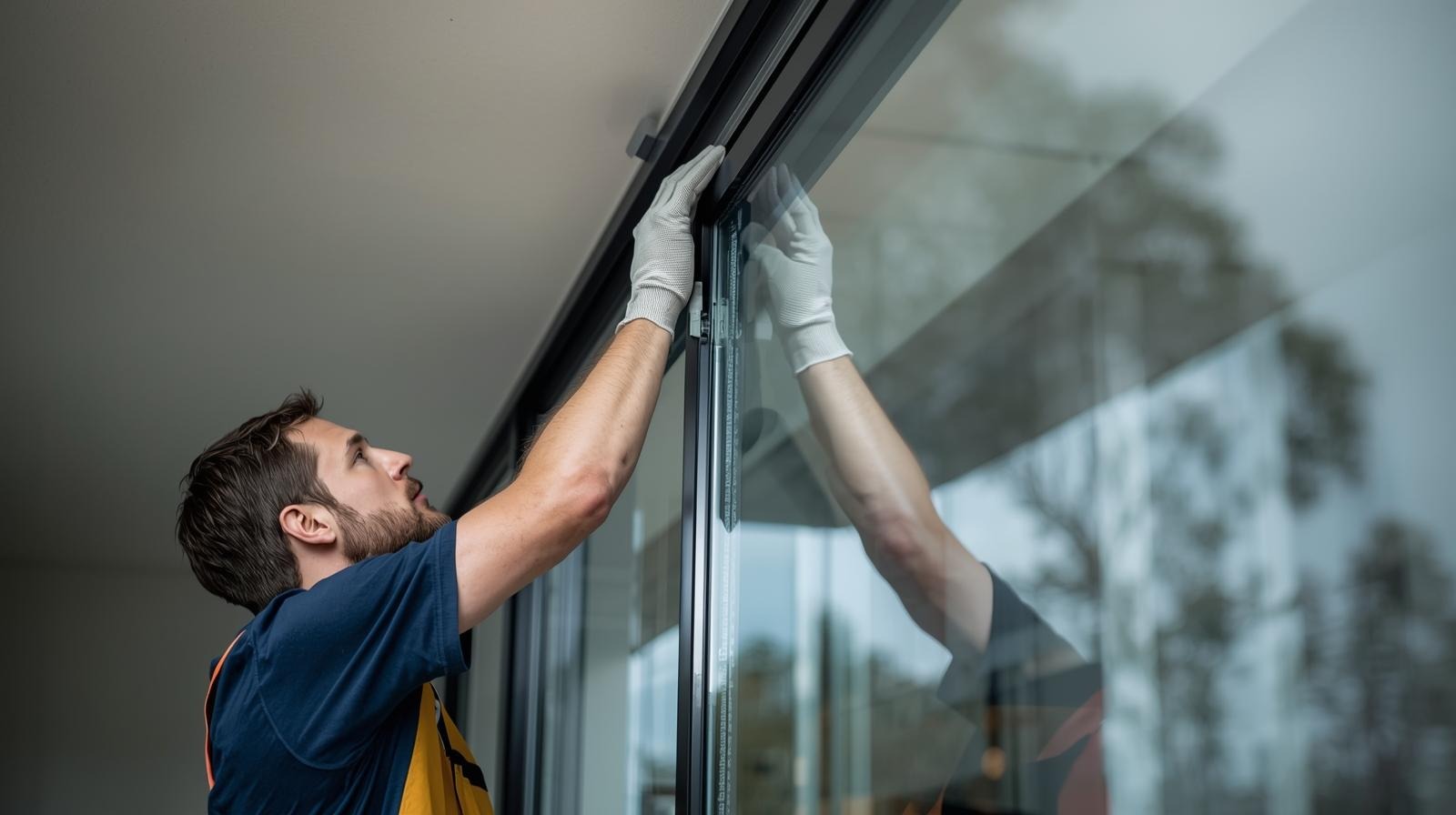 Professional glazier installing large residential window wearing gloves in a modern australian home setting realistic photography style. Glass must have AS NZS 2208 glass marking News & Information